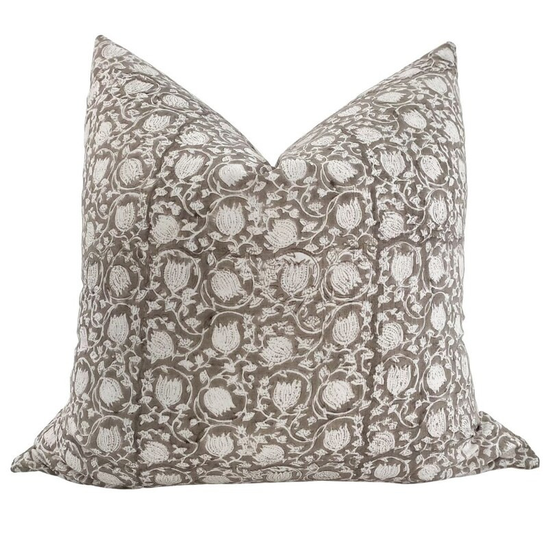 Greige Floral  Block Print Pillow Cover Floral Pillow Cover | Etsy | Etsy (US)