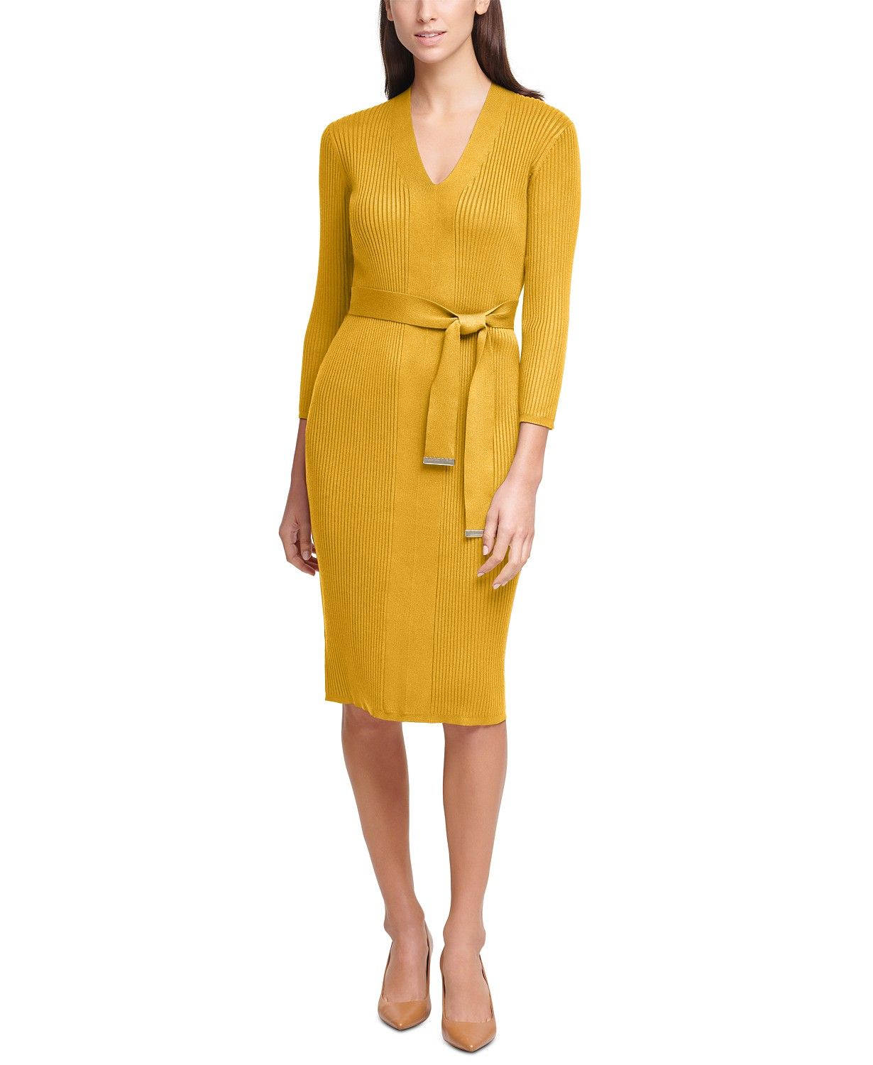 Calvin Klein Ribbed-Knit Belted Sweater Dress & Reviews - Dresses - Women - Macy's | Macys (US)