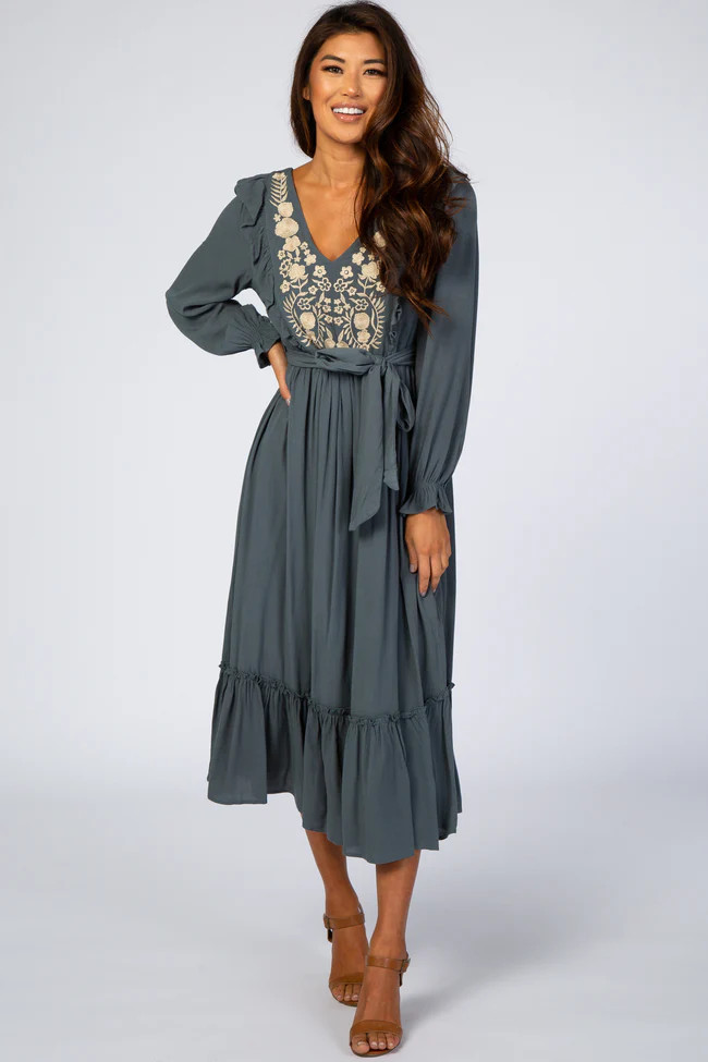 Teal Floral Embroidered Ruffled Midi Dress | PinkBlush Maternity