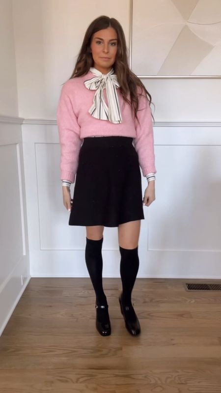 3 ways to style these @sezane black heels
They give me major T swift vibes and I’m here for it 🫶🏼

Outfit 1 
Pink sweater - small 
Bow top - small 
Skirt small (size down) 
Knee high socks TTS 
Shoes TTS 

Outfit 2 
Dress - small (I needed Spanx w this dress) 
Tights - size up 

Outfit 3 
Grey sweater - small 
Cape - small (size down) 
Jeans - 27 / could size up 


#LTKfindsunder100 #LTKVideo #LTKMostLoved
