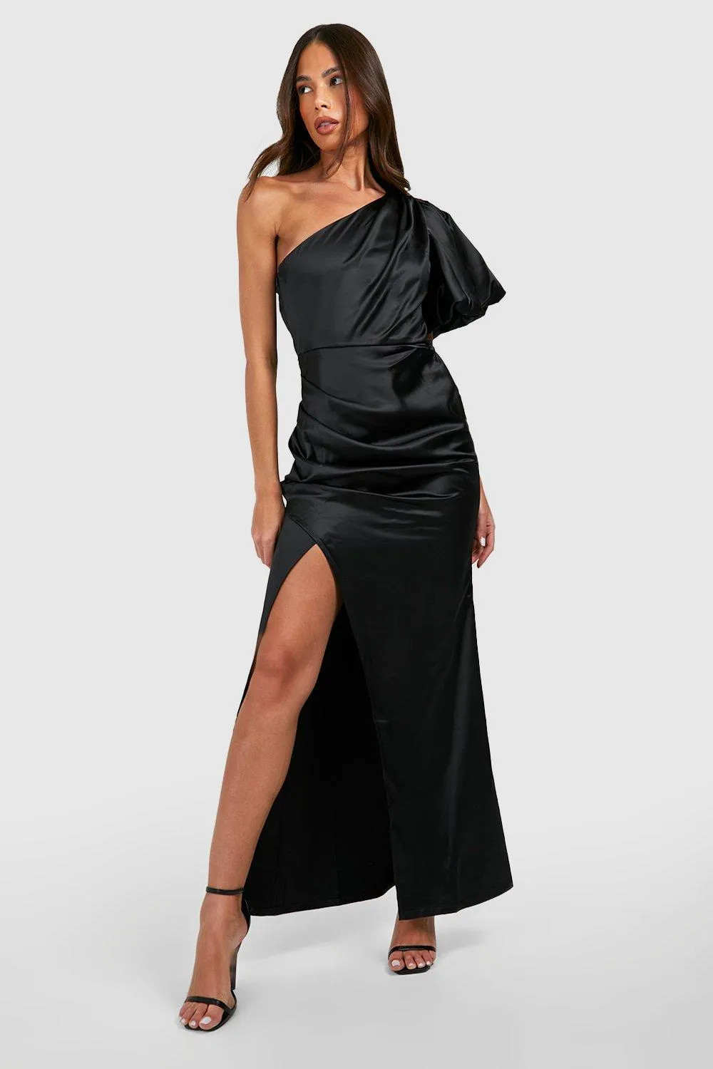 Black boohoo Puff One Shoulder Side Split Maxi Dress | Nasty Gal USA | Nasty Gal US