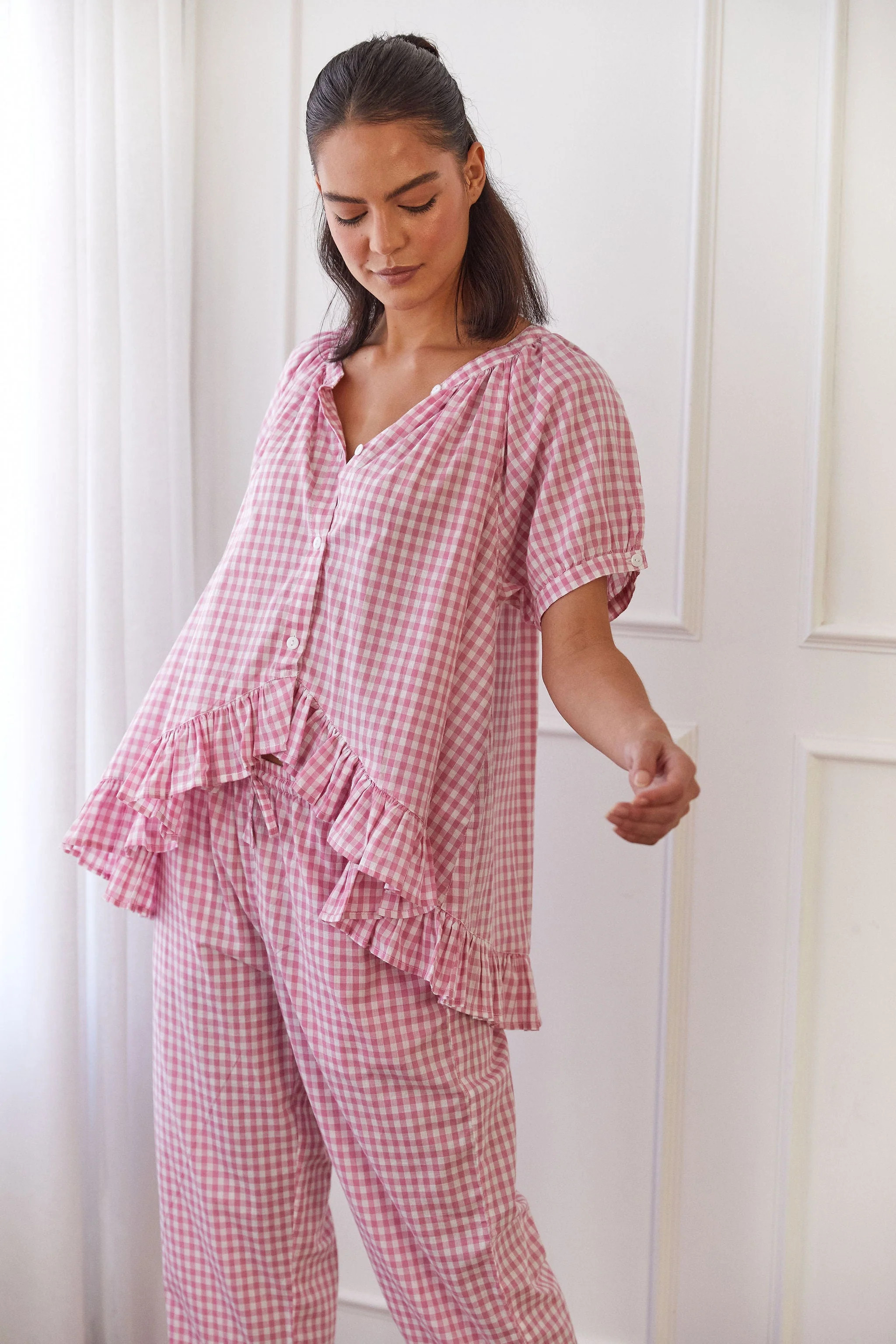 Sophie Sleep Set - Pants - Cotton - Gingham Berry | Piyama