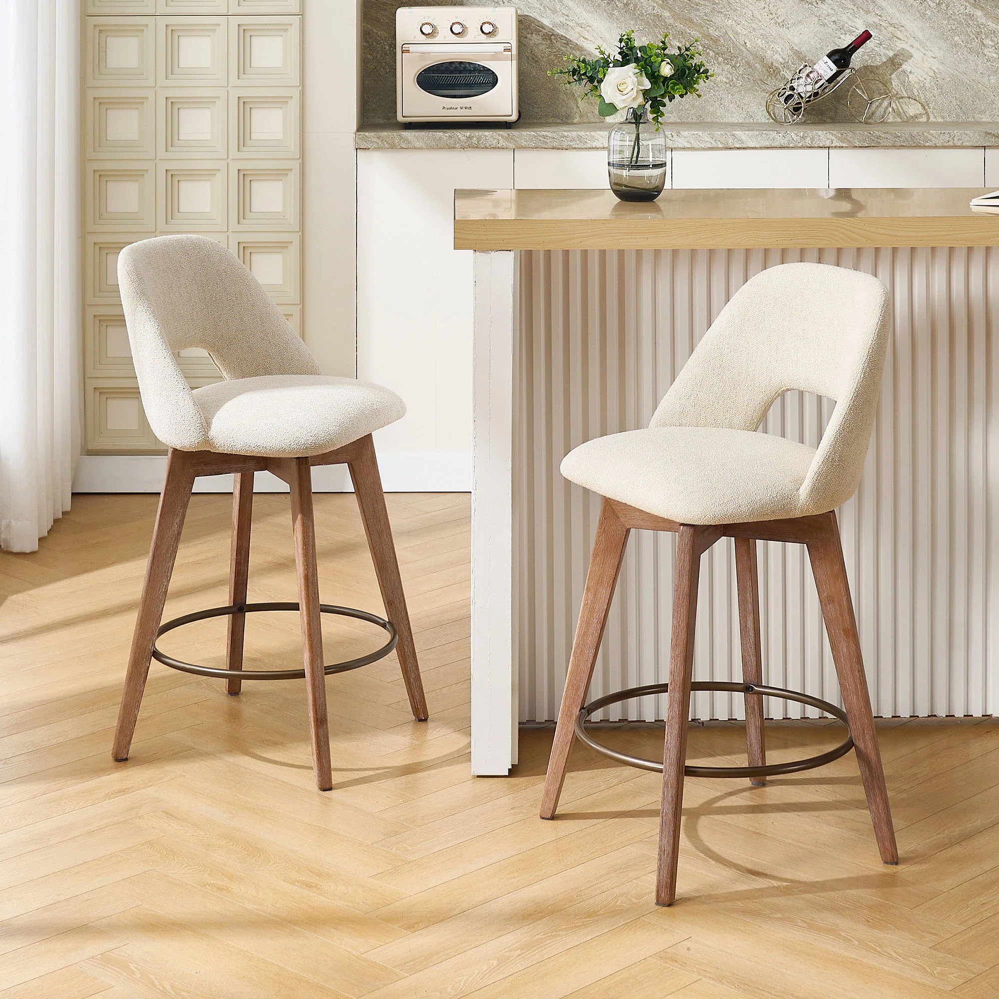 Lovetro Swivel 26.8'' Linen Counter Stool with Solid Wood Frame (Set of 2) | Wayfair North America