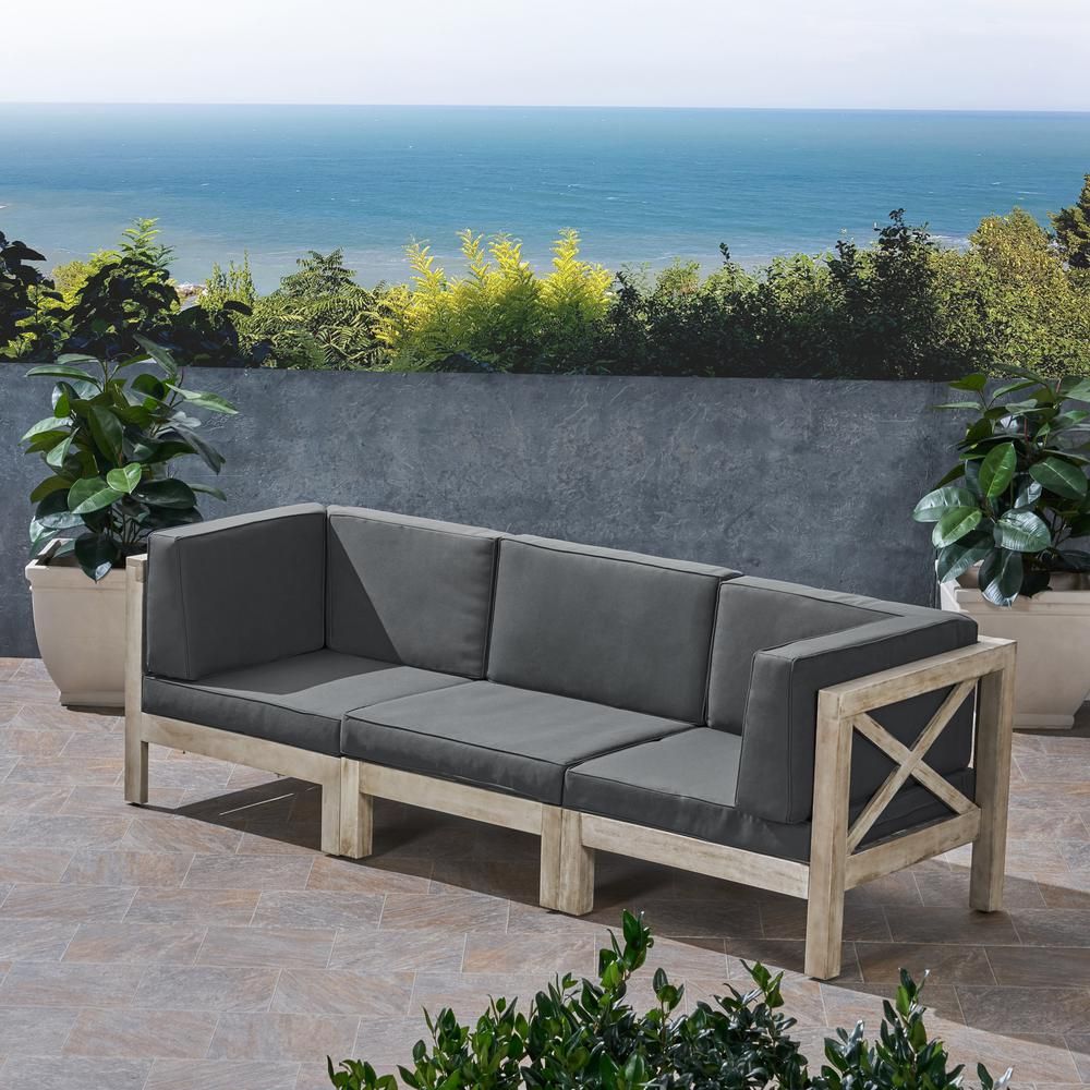 Noble House Brava Grey 3-Piece Wood Outdoor Couch with Dark Grey Cushions | The Home Depot