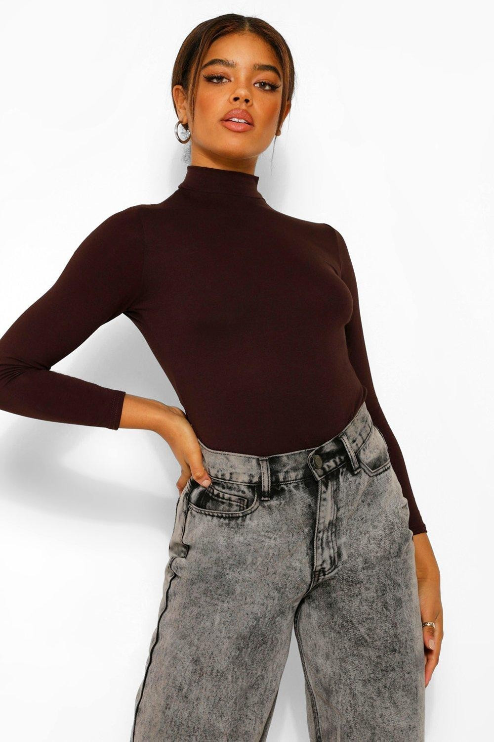 Womens Basic Turtle Neck Long Sleeve One Piece - Brown - 12 | Boohoo.com (US & CA)