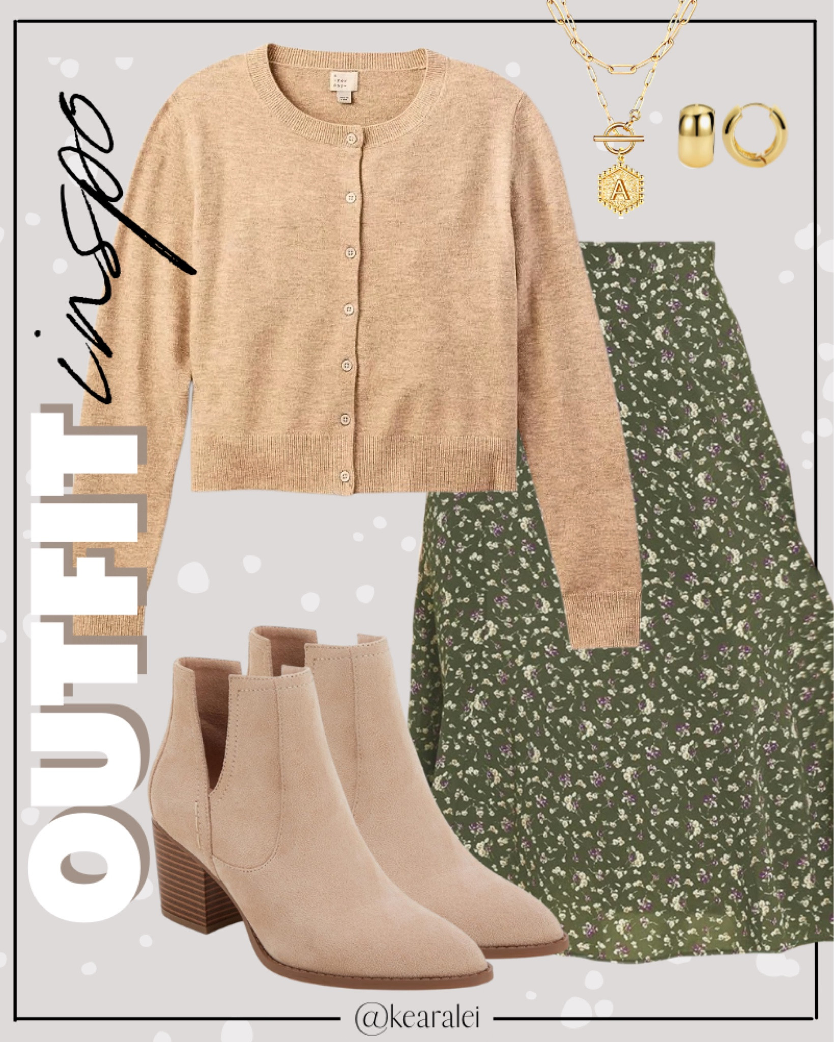 Teacher outfits fall outfit work outfit workwear business casual Amazon fashion tan cardigan button down sweater with olive green ditsy floral midi skirt long skirt with brown tan suede pointed toe booties and gold jewelry || affordable fashion teacher outfit teaching back to school looks  business casual outfits #teacher #work #workwear #business #Casual #amazon #target #school #teaching #outfit #outfits
.
.
.
Amazon fashion, teacher outfits, business casual, casual outfits, neutrals, street style, Midi skirt, Maxi Dress, Swimsuit, Bikini, Travel, skinny Jeans, Puffer Jackets, Concert Outfits, Cocktail Dresses, Sweater dress, Sweaters, cardigans Fleece Pullovers, hoodies, button-downs, Oversized Sweatshirts, Jeans, High Waisted Leggings, dresses, joggers, fall Fashion, winter fashion, leather jacket, Sherpa jackets, Deals, shacket, Plaid Shirt Jackets, lounge set, Date Night Outfits, Vacation outfits, Mom jeans, shorts, sunglasses,  Romper, jumpsuit, Airport outfits, biker shorts, Weekender bag, plus size fashion, Stanley cup tumbler, Work blazers, Work Wear, workwear

boots booties tall over the knee, ankle boots, Chelsea boots, combat boots, pointed toe, chunky sole, heel, high heels, sneakers, slip on shoes, Nike, adidas, vans, dr. marten’s, ugg slippers, golden goose, sandals, high heels, loafers, Birkenstock Birkenstocks, Steve Madden, Target, Abercrombie and fitch, Amazon, Shein, Nordstrom, H&M, forever 21, forever21, Walmart, asos, Nordstrom rack, Nike, adidas, Vans, Quay, Tarte, Sephora, lululemon, free people, j crew jcrew factory, old navy


#LTKStyleTip #LTKSeasonal #LTKWorkwear