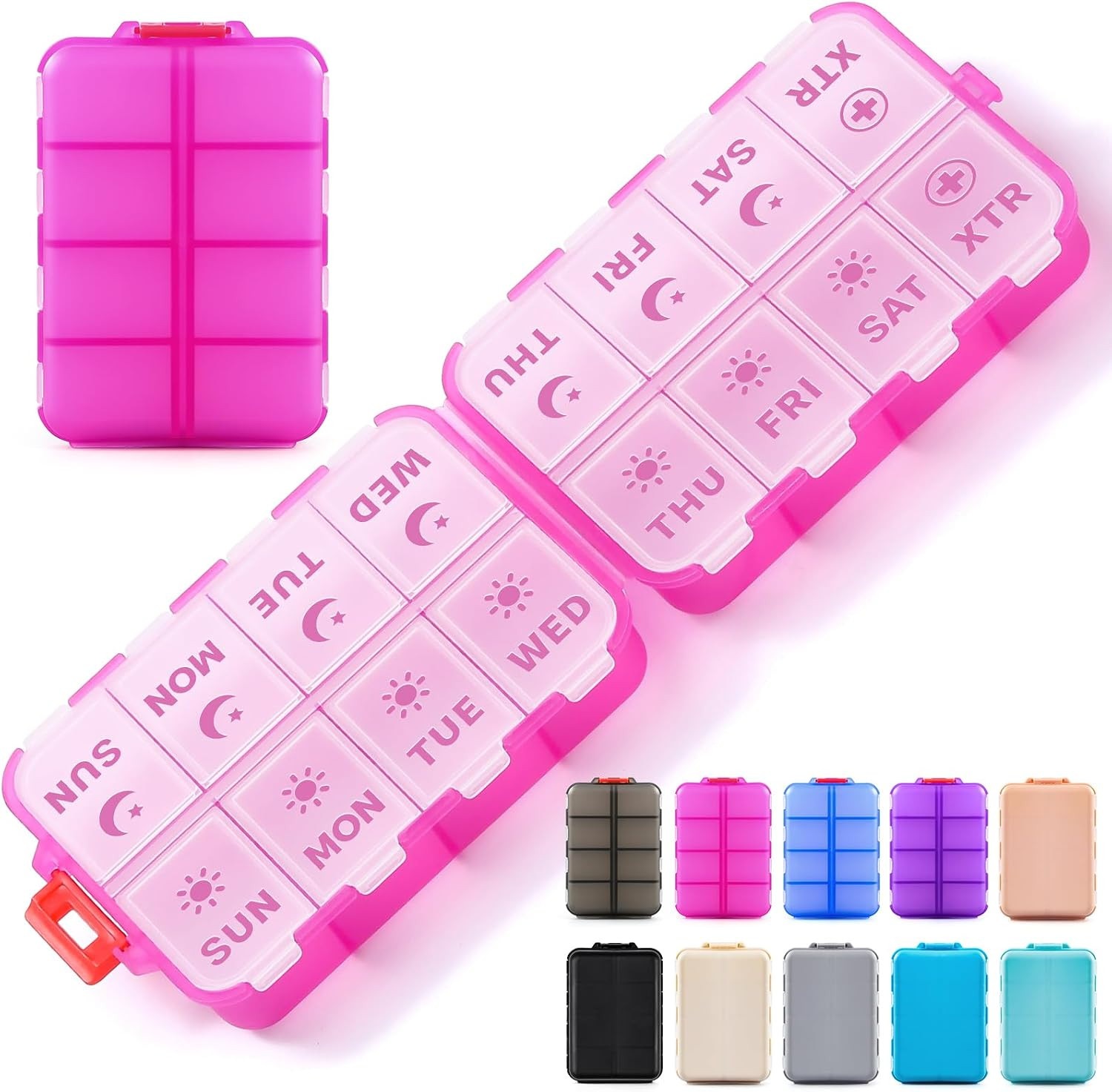 Foldable Weekly Pill Organizer 2 Times a Day with 2 Extra Compartments - Etched Labels - Portable 7 Day AM PM Medicine Box, Week Daily Travel Pill Case Holder for Meds, Vitamin, Supplement -Clear Pink | Amazon (US)
