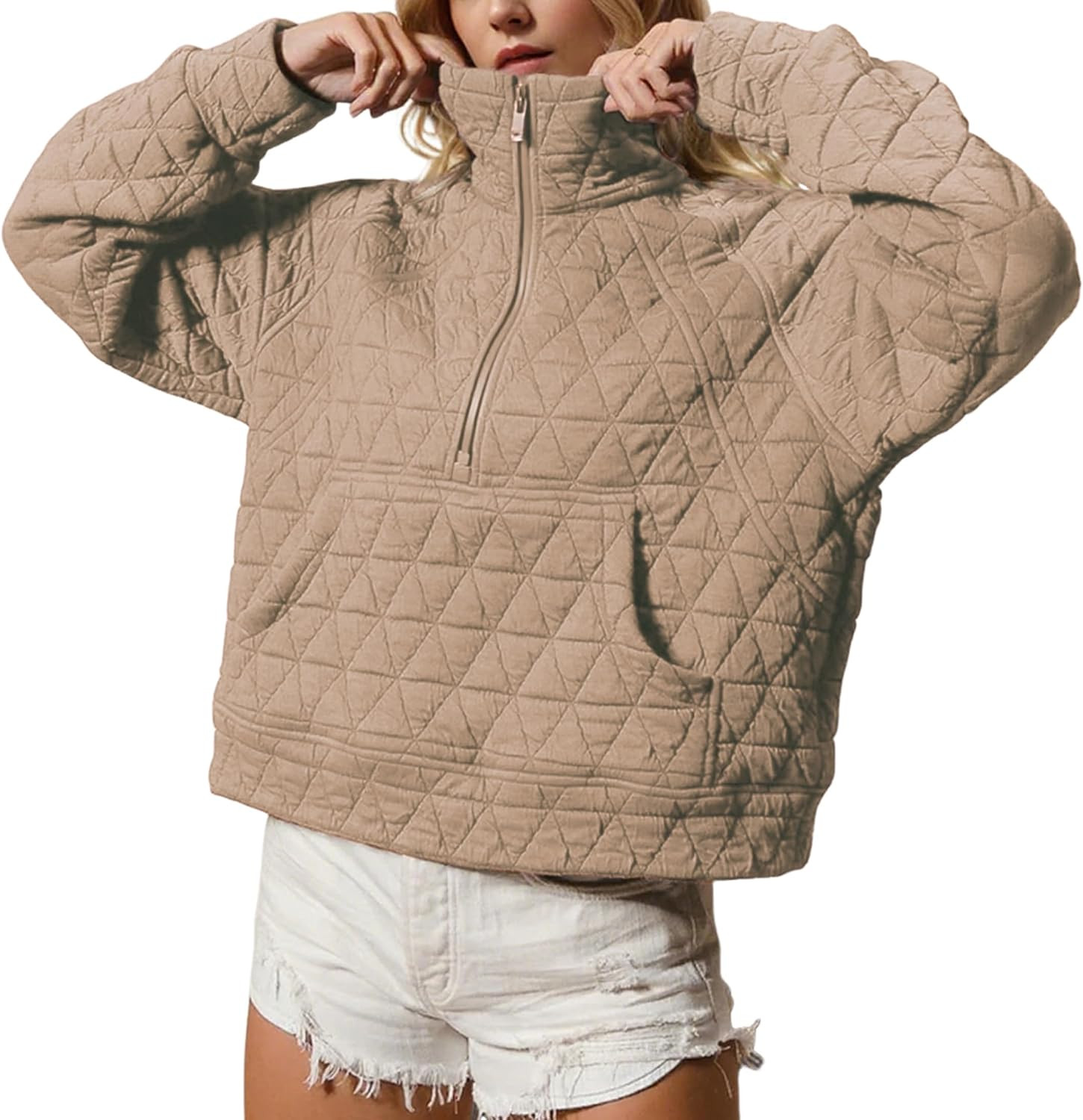 Women's Quilted Puffer Jacket Half-Zip Pullover Sweatshirt Long Sleeve Lightweight Fall Casual Oversize Warm Outerwear | Amazon (US)