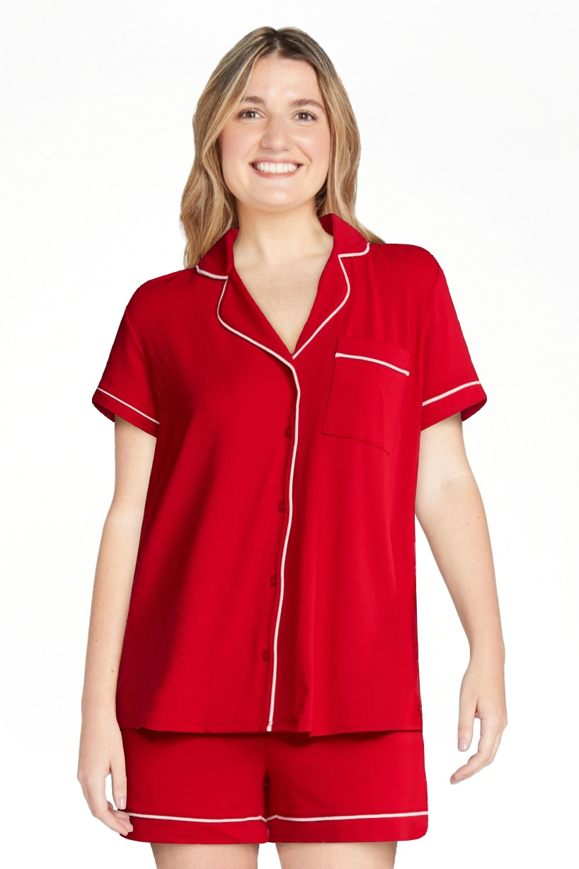 Joyspun Women’s Dreamy Soft Collection Notch Collar Knit Top and Boxer Shorts Pajama Set, Sizes... | Walmart (US)