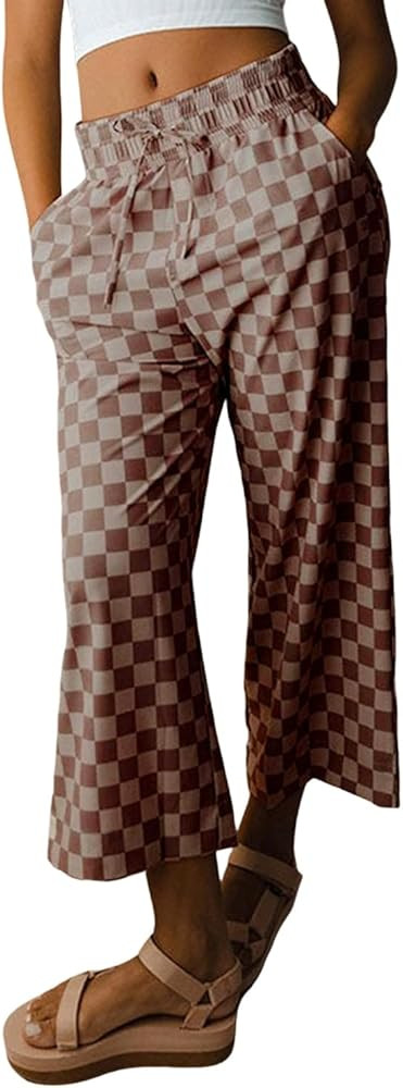 SELINK Women Casual Checkered Elastic High Waist Loose Pajama Pants with Pockets Plaid Straight W... | Amazon (US)