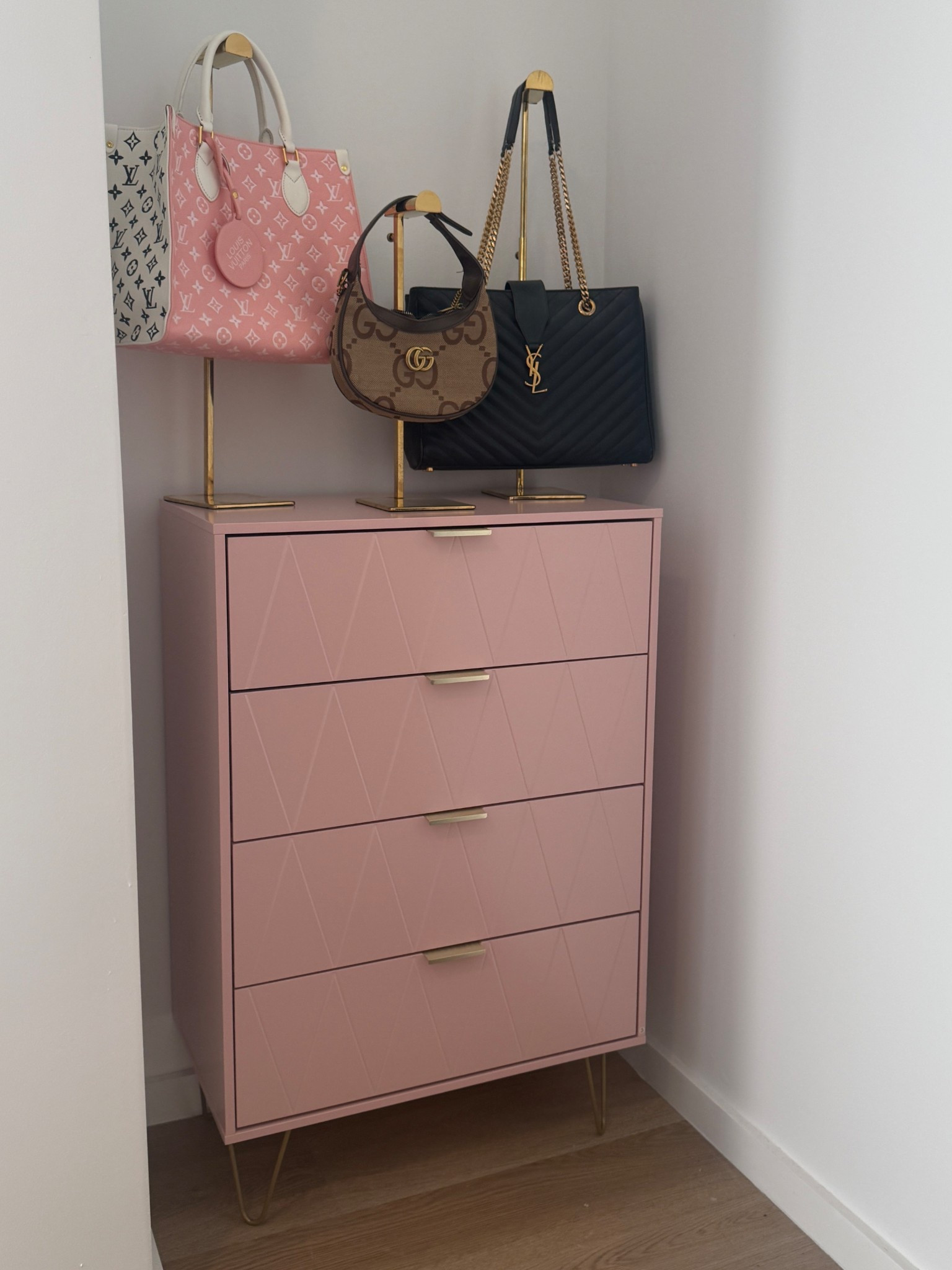 Budget friendly super girly dresser, purse / handbag displays from Amazon, one bedroom apartment decor, gold, designer bags

#LTKFindsUnder50 #LTKFindsUnder100 #LTKHome