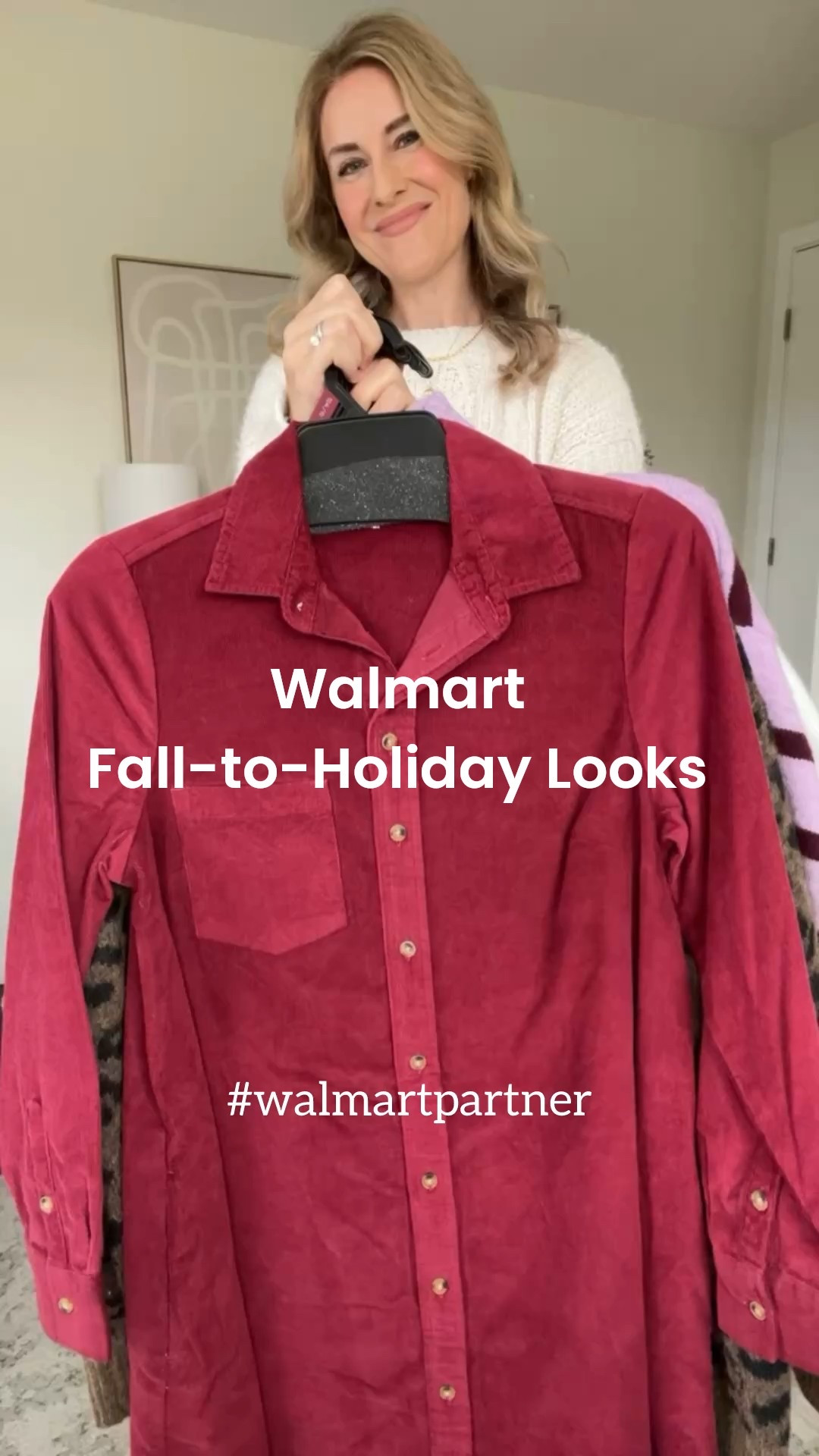 Walmart fall to holiday casual looks! #walmartpartner I sized up one size to medium in the cream and purple sweaters. Stayed true to size small in the blue fairisle cardigan. Sized up to large in the leopard for relaxed fit. Small in the dress (I’m 5’8” and it’s short!). Size small pajamas. True size 6 in the pants. #walmartstyle @walmartstyle 

#LTKOver40 #LTKFindsUnder50 #LTKStyleTip