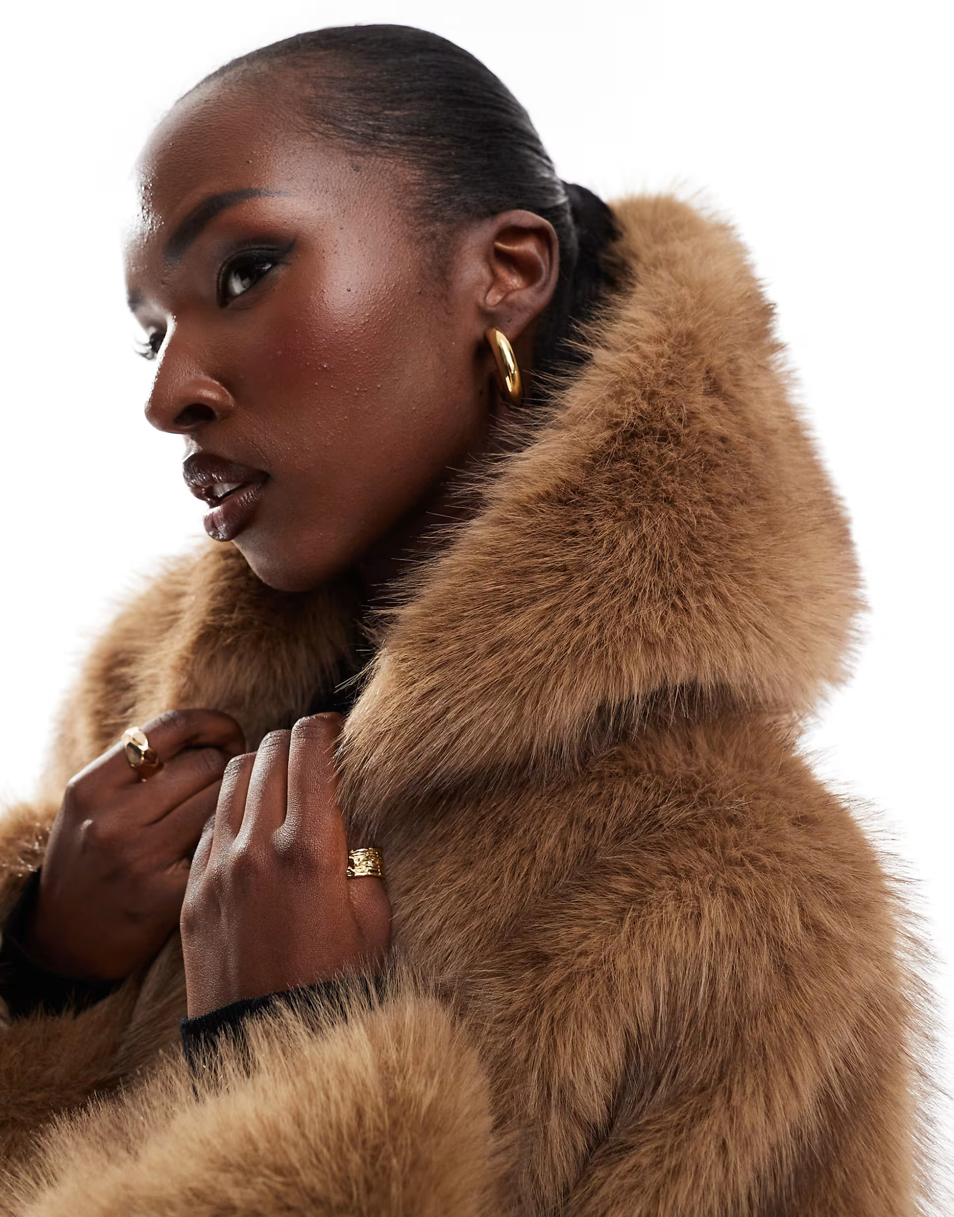 AZALEA WANG Sugar cropped faux fur coat with hood in tan | ASOS (Global)