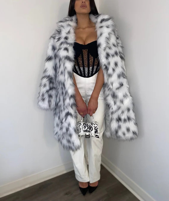 DALMATIAN FAUX FUR long coat Jacket  white & black  Medium | Etsy | Etsy (US)