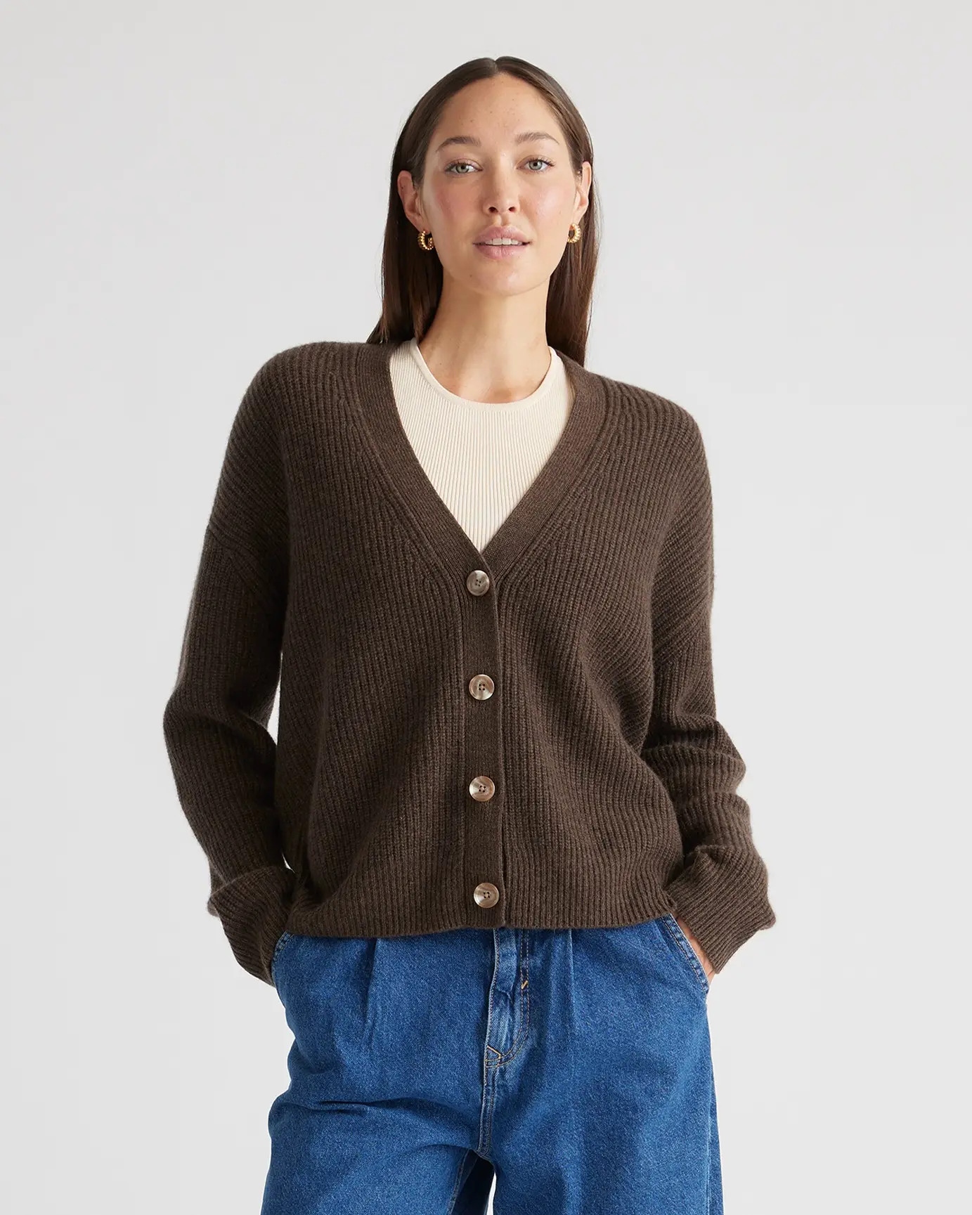 Lightweight Mongolian Cashmere Fisherman Boxy Cropped Cardigan Sweater in Brown | Quince