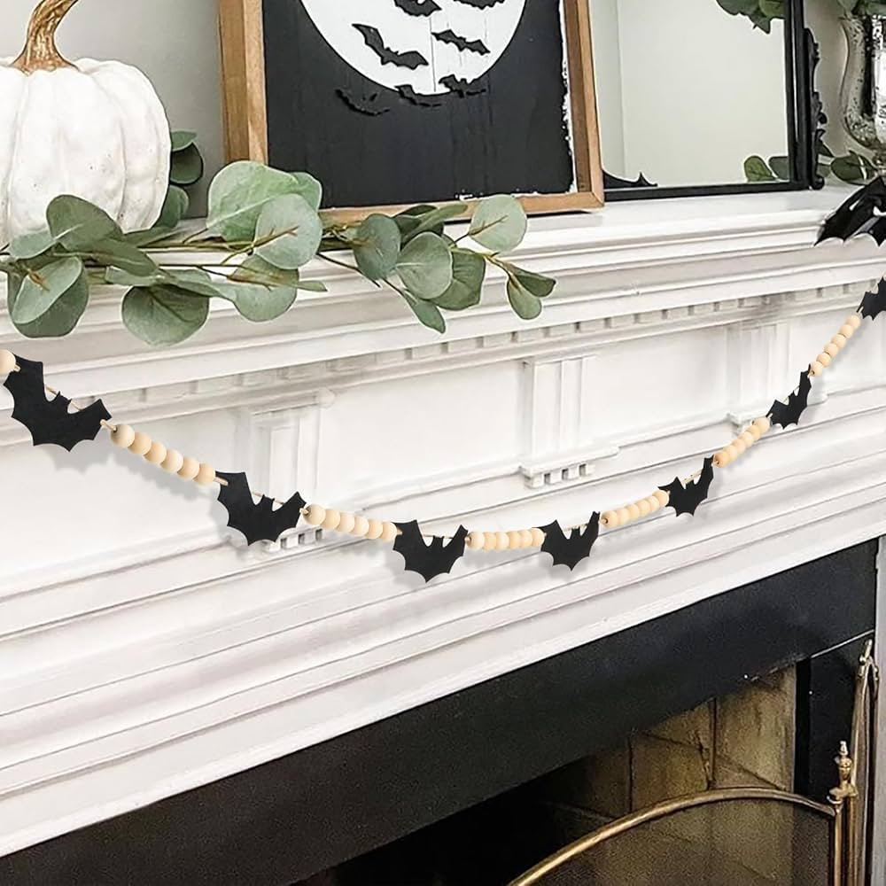 Halloween Decorations-Black Felt Bats Wood Beads Garland for Halloween Decorations Indoor- Farmho... | Amazon (CA)