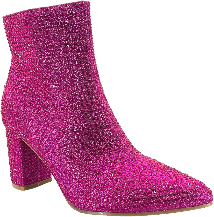 ABSOLEX Women Pointed Toe Rhinestone Block Medium Heel Ankle Booties | Amazon (US)