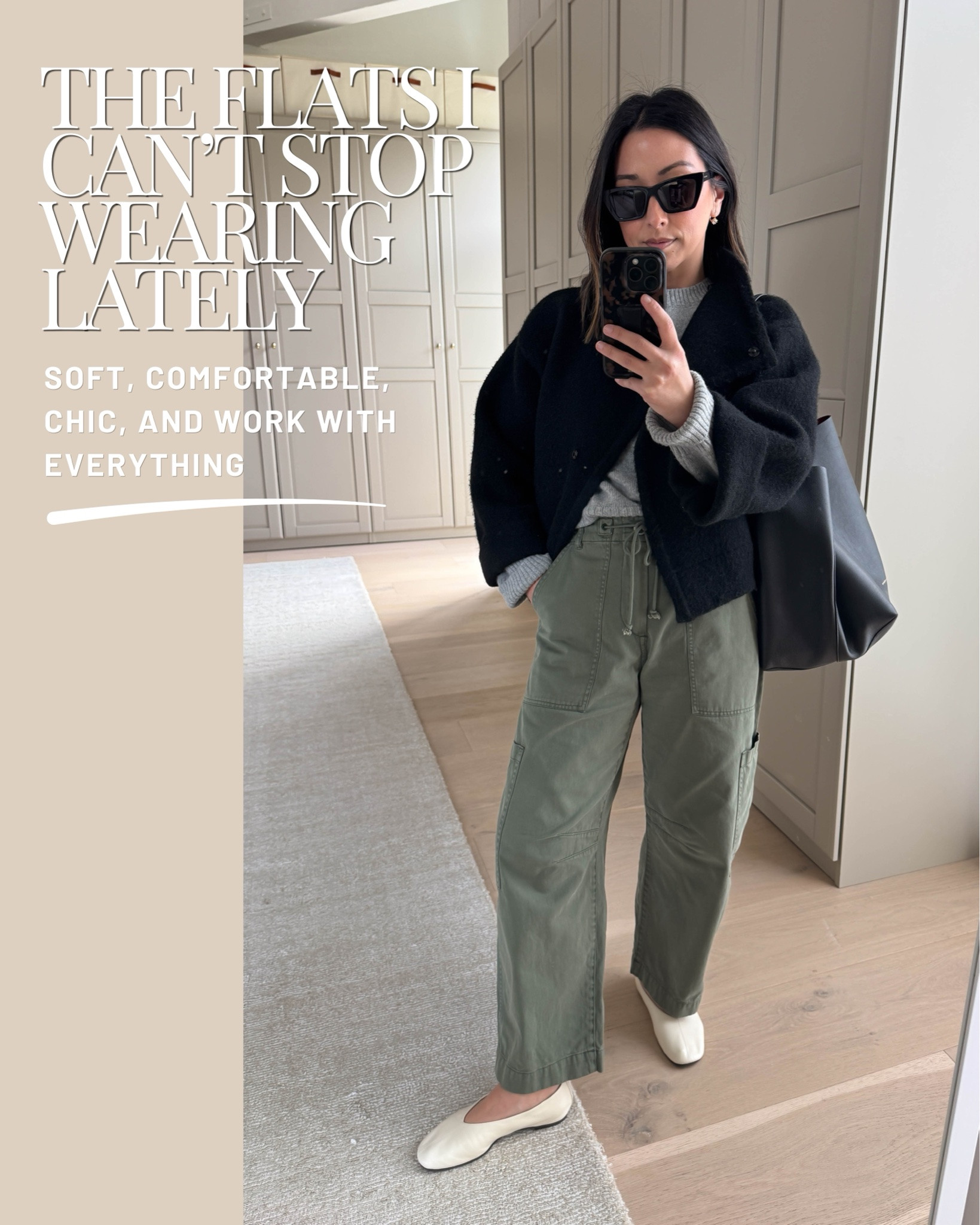 These flats somehow make every outfit feel a little more polished while still being incredibly comfortable. Expensive, yes. But one of those pieces that really earns its place in my wardrobe.

Look 1:
J.crew tee medium 
Everlane cashmere sweater xs 
Zara jacket small 
Pistola cargo pants petite 25 
Reformation flats 5 
Mansur Gavriel tote 
Dorsey earrings 
Dorsey James necklace 15"

Look 2:
Citizens of humanity barrels petite 25 
Everlane tee medium 
J.crew cashmere tee medium 
Reformation flats 5 
Polo Ralph Lauren hat 
The Row tote - small 
Dorsey James necklace 15” 
Electric Picks earrings

Look 3:
Joe’s jacket small. Could also wear the xs. 
Jcrew tee medium
Ruti pants 4 petite 
Reformation flats 5 
Quince bag small 
Polo hat 
Dorsey James necklace 15” 
Electric picks earrings

Look 4:
Everlane box cut tee medium 
Sweater is old - linked similar 
Aritzia skirt xs 
Reformation flats 5 
The row bag medium 
Dorsey James necklace 15” 
Electric Picks earrings 
YSL sunglasses

Look 5:
Jcrew tee medium 
Zara jacket small 
Citizens of humanity Miro jeans 24 - sized down and cut hems. 
Reformation flats 5 
Quince bag small 
Dorsey Maxwell earrings medium 
Dorsey James necklace 15” 
Celine sunglasses

Look 6:
Everlane tee medium 
Jcrew cashmere tee medium 
Agolde arc jeans 25 
Reformation flats 5 
Madewell bag 
Dorsey James necklace 15” 
Electric picks earrings

#LTKmomlife #LTKPetite