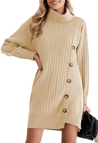 Pink Queen Women's Trendy Long Sleeve Brunch Sweater Dress Comfy Turtleneck Oversized Night Out Ribbed Knit Mini Shift Dresses Apricot M | Amazon (US)