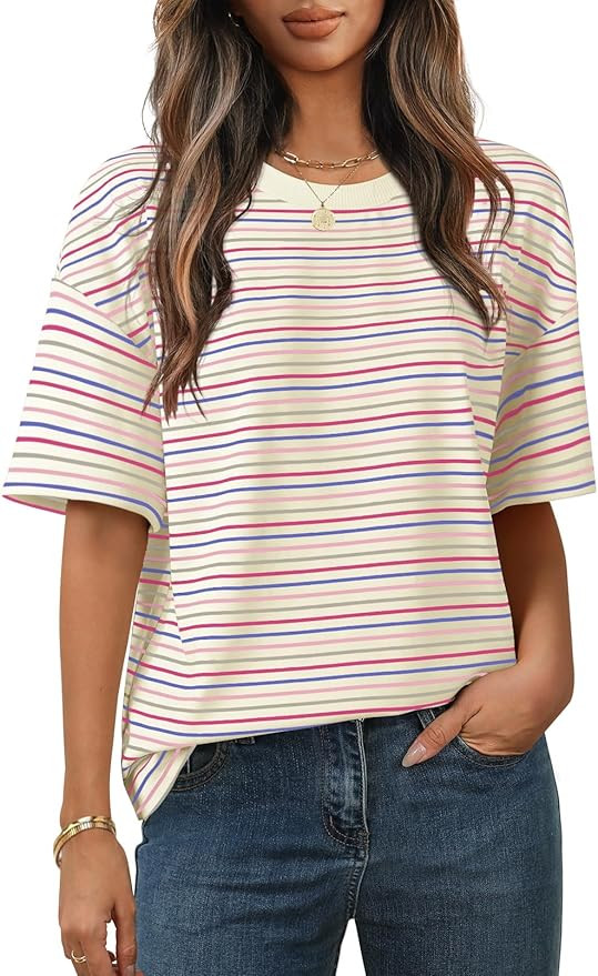MEROKEETY Women's Summer Short Sleeve Shirt Casual Colourful Striped Crewneck Loose Tops Blouse | Amazon (US)