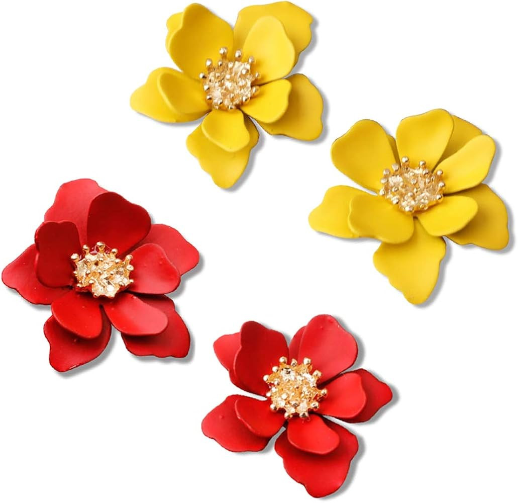 D.Rosse 2 Pairs Chic Boho Matte Flower Statement Stud Earrings Set with Gold Flower Bud for Women... | Amazon (US)