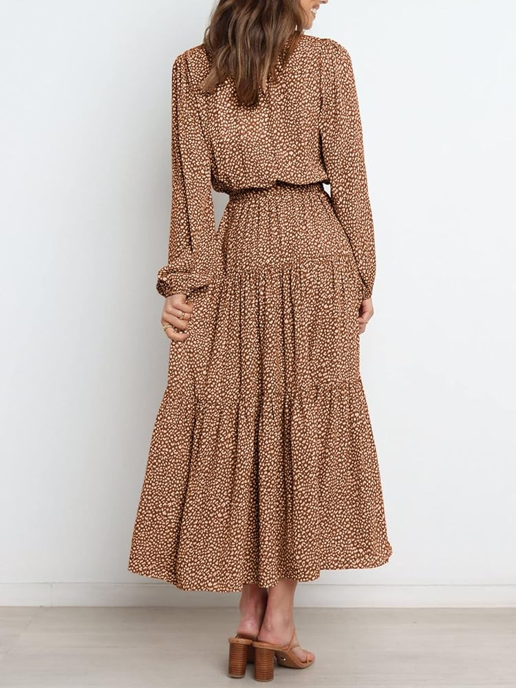 PRETTYGARDEN Women’s Long Sleeve V Neck Leopard Print Ruffle Maxi Dress Tie Waist Boho Chiffon Flowy | Amazon (US)