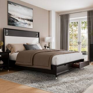 Forma Mid Century Black Wood Frame Queen Platform Bed with Reading Lights and 2-Storage Drawers | The Home Depot