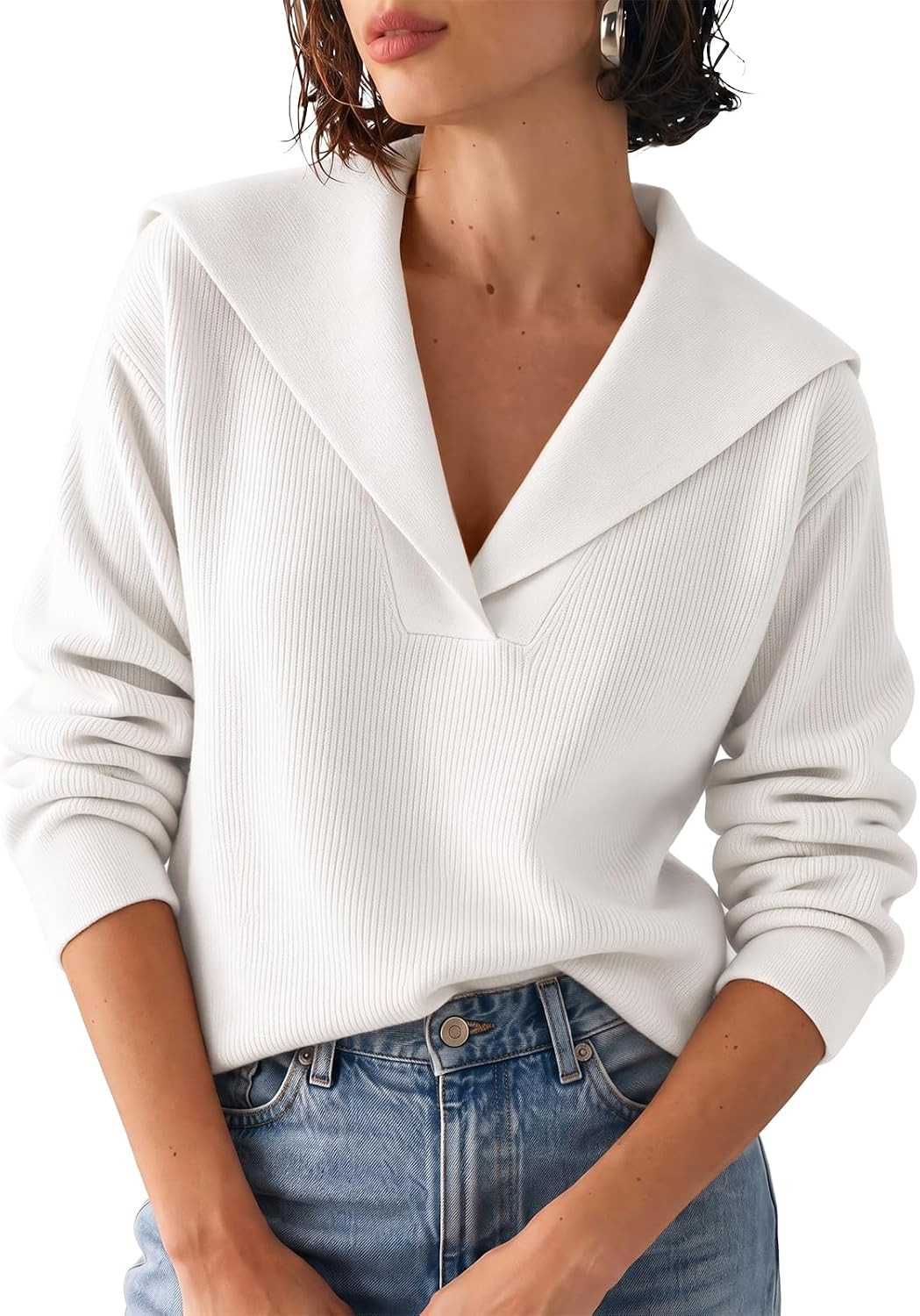 Cicy Bell Womens Pullover Sweaters Lapel Collar V Neck Long Sleeve Sweater | Amazon (US)