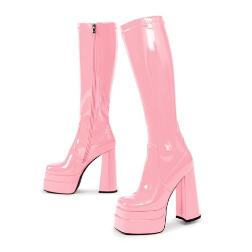 wetkiss Red Platform Knee High Boots Women Chunky Heel Red Gogo Boots with Full Side Zipper-Stretchy Party Festival Long Square Toe Boot for Cosplay, Costume, Halloween & Costume Events-Not for Wide | Amazon (US)