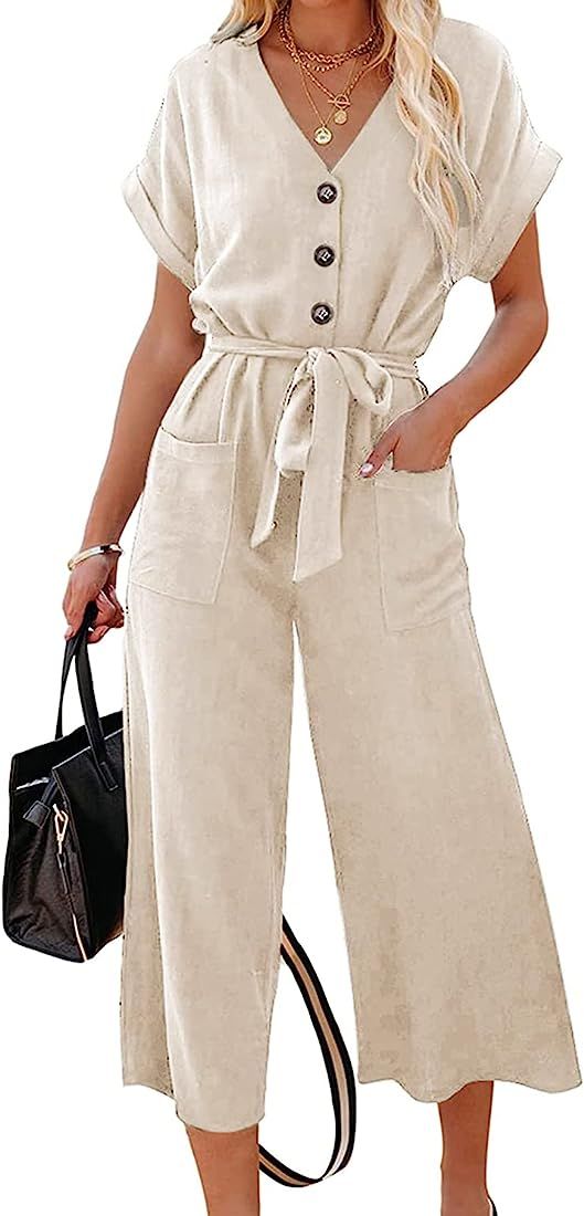 Acelitt Womens Short Sleeve V Neck Button Belted Wide Leg Jumpsuits with Pockets, S-XXL | Amazon (US)