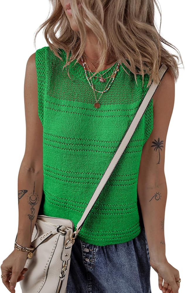 EVALESS Sweater Vest Women Cute Spring Summer Crewneck Knit Sleeveless Crochet Tops | Amazon (US)
