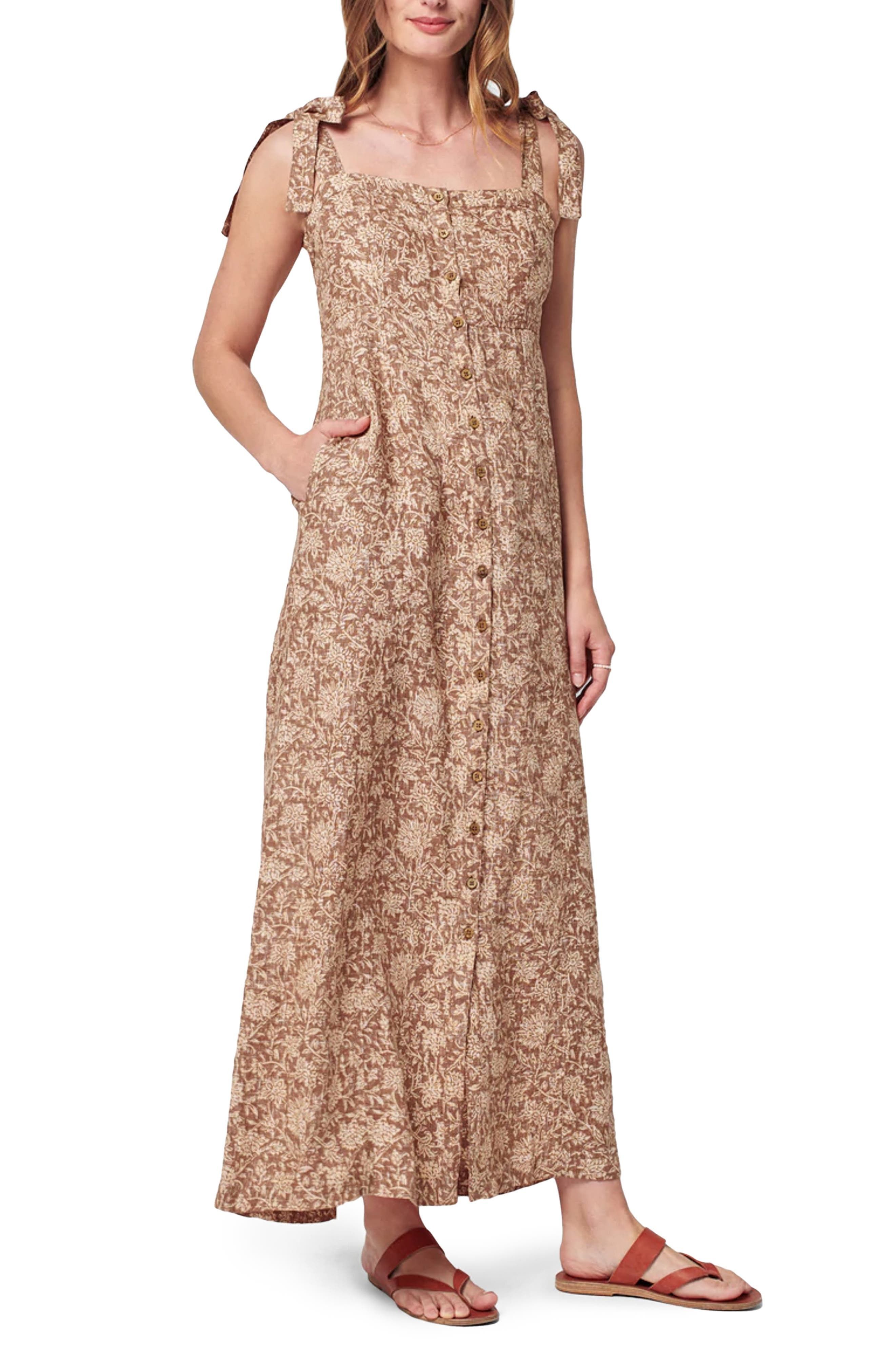 Faherty Kendall Tie Strap Linen Maxi Dress in Bronze Riviera Floral at Nordstrom, Size X-Small | Nordstrom