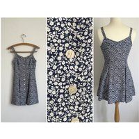 vintage 1990s 90s Navy mini Dress floral skater Babydoll dress grunge // XS | Etsy (US)