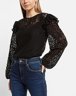 Lace Long Sleeve Ruffle Shoulder Top | Express