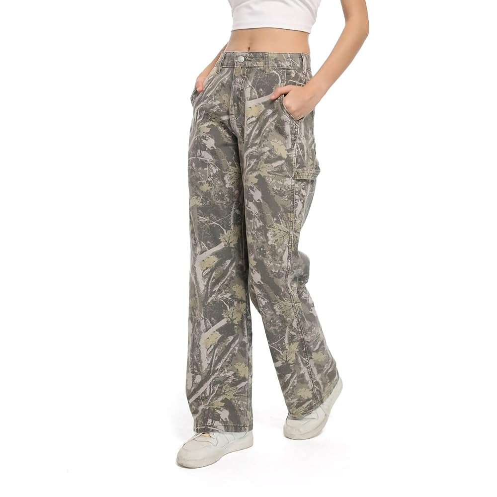Women Camouflage Cargo Pants Straight Wide Leg Trousers Jeans with Pockets | Amazon (US)