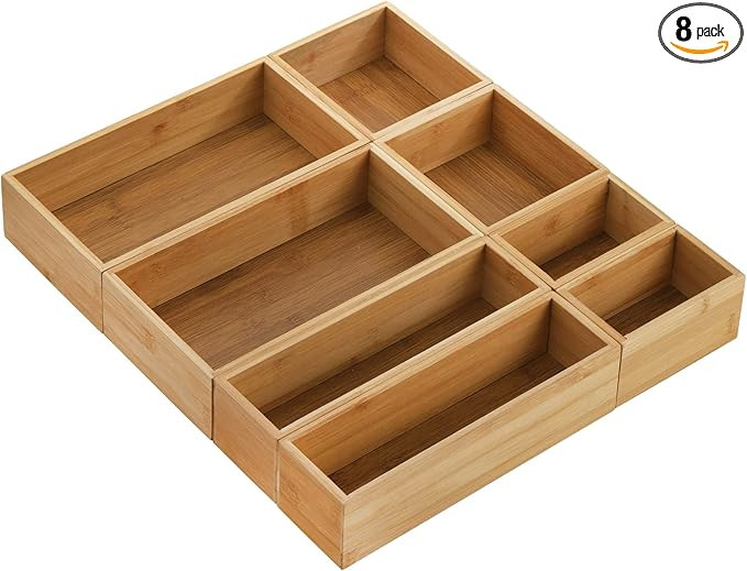 Lawei 8 Pieces Bamboo Drawer Organizer Boxes, Stackable Drawer Organizer Storage Tray 4-Size, Ver... | Amazon (US)