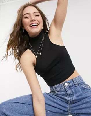 ASOS DESIGN crop vest with racer front and turtle neck in rib in black | ASOS (Global)