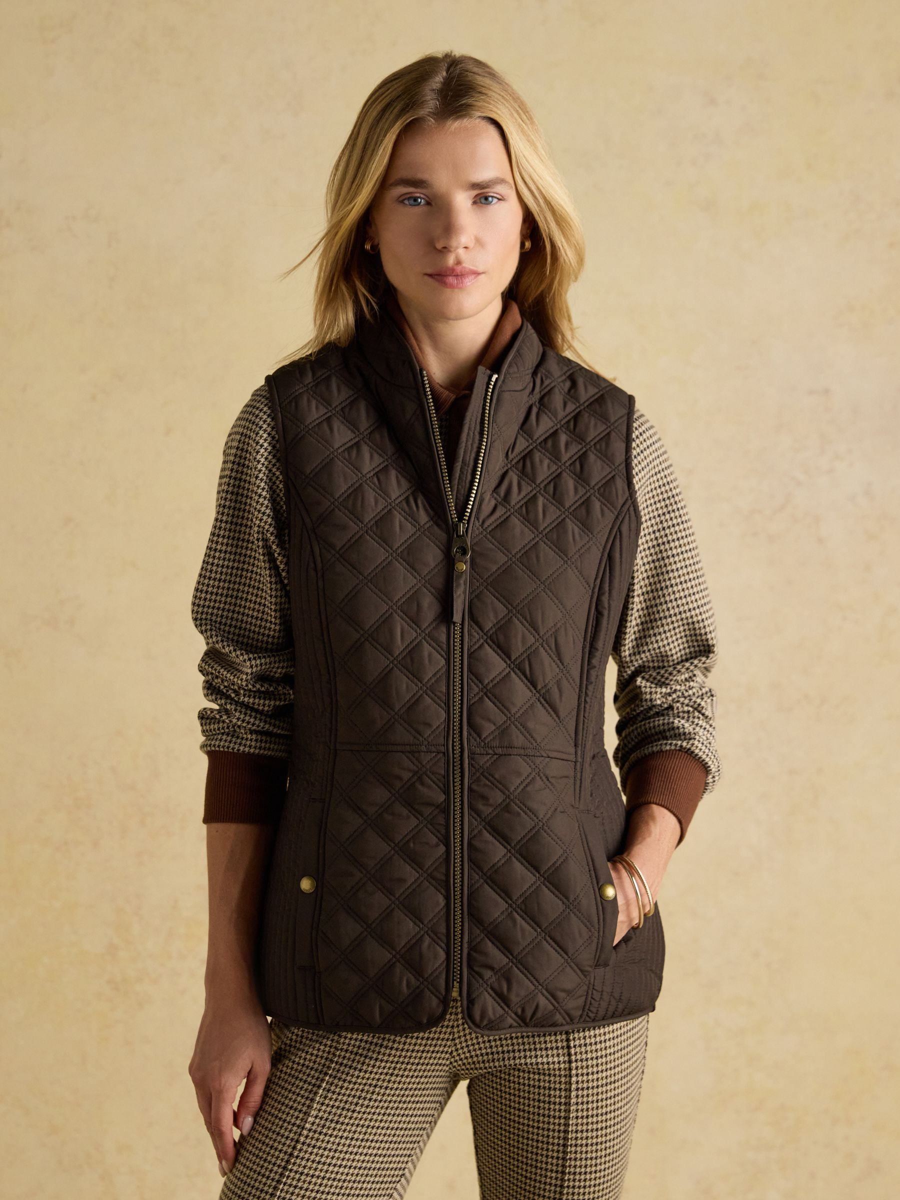 Minx Brown Showerproof Diamond Quilted Gilet with Adjustable Waist | Joules | Joules