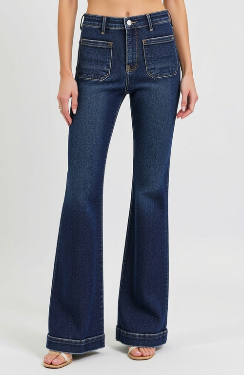 Modenaire High Waist Flare Jeans with Front Patch Pockets in Dark Indigo at Nordstrom, Size 15 | Nordstrom