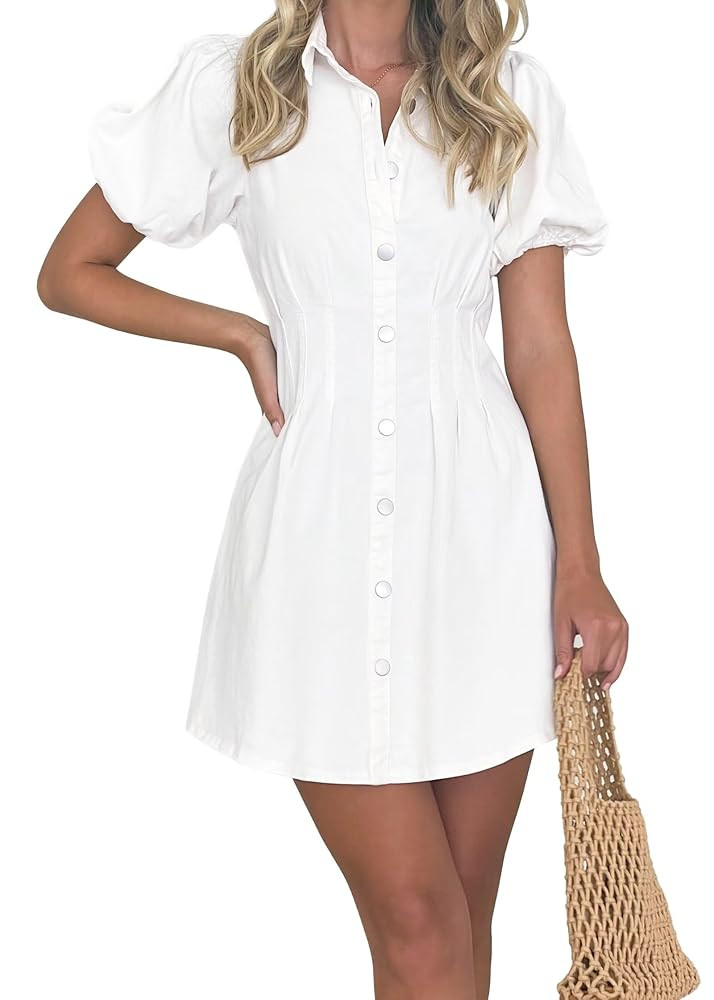 KDF Summer Denim Dress for Women Puff Sleeve Slim Fit Jean Dresses for Women 2025 Casual | Amazon (US)