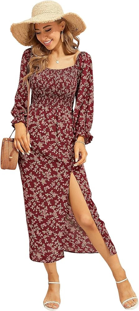 Floerns Women's Boho Floral Print Square Neck Flounce Sleeve A Line Long Dress | Amazon (US)