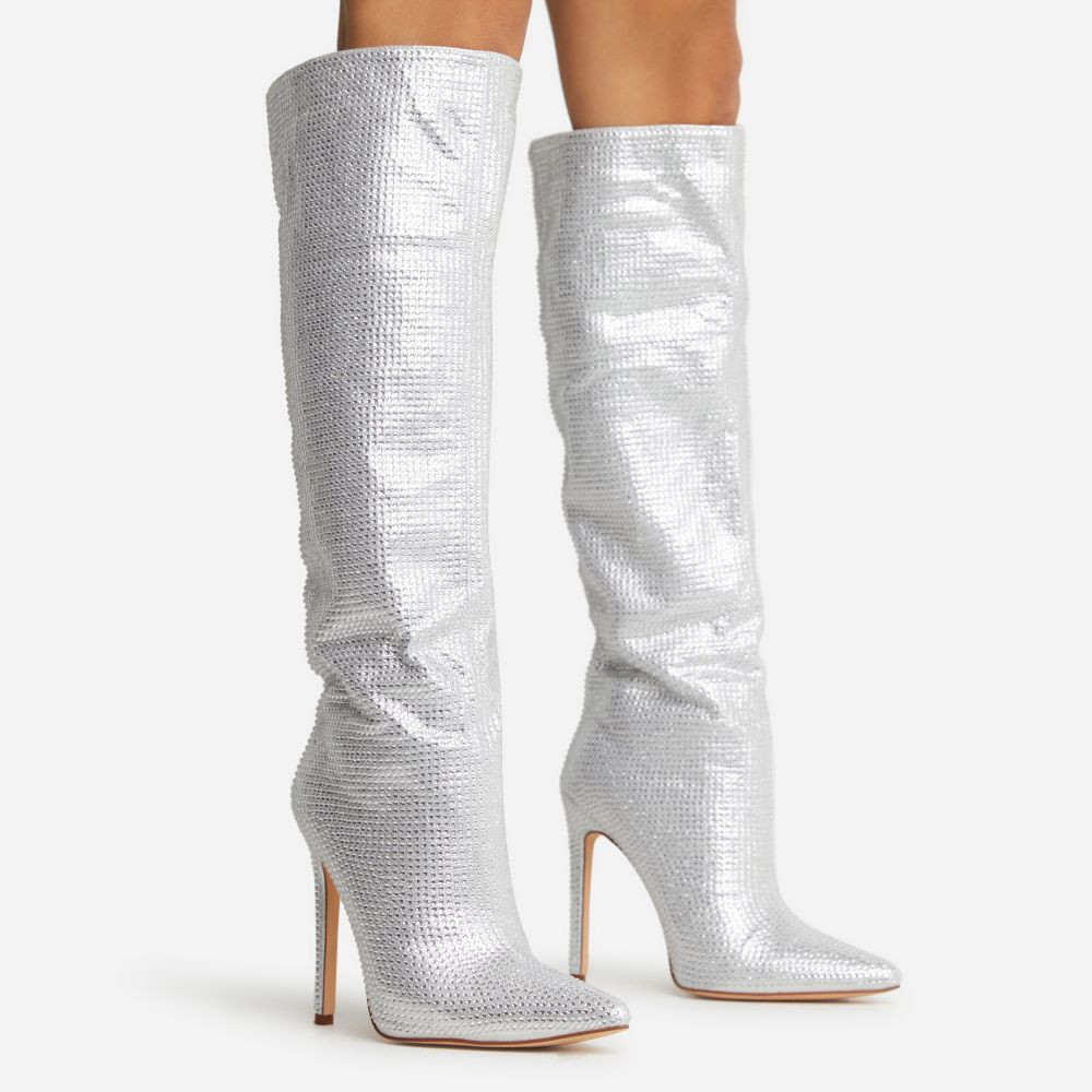 Midnight Pointed Toe Stiletto Heel Knee High Long In Silver Diamante | EGO Shoes (US & Canada)
