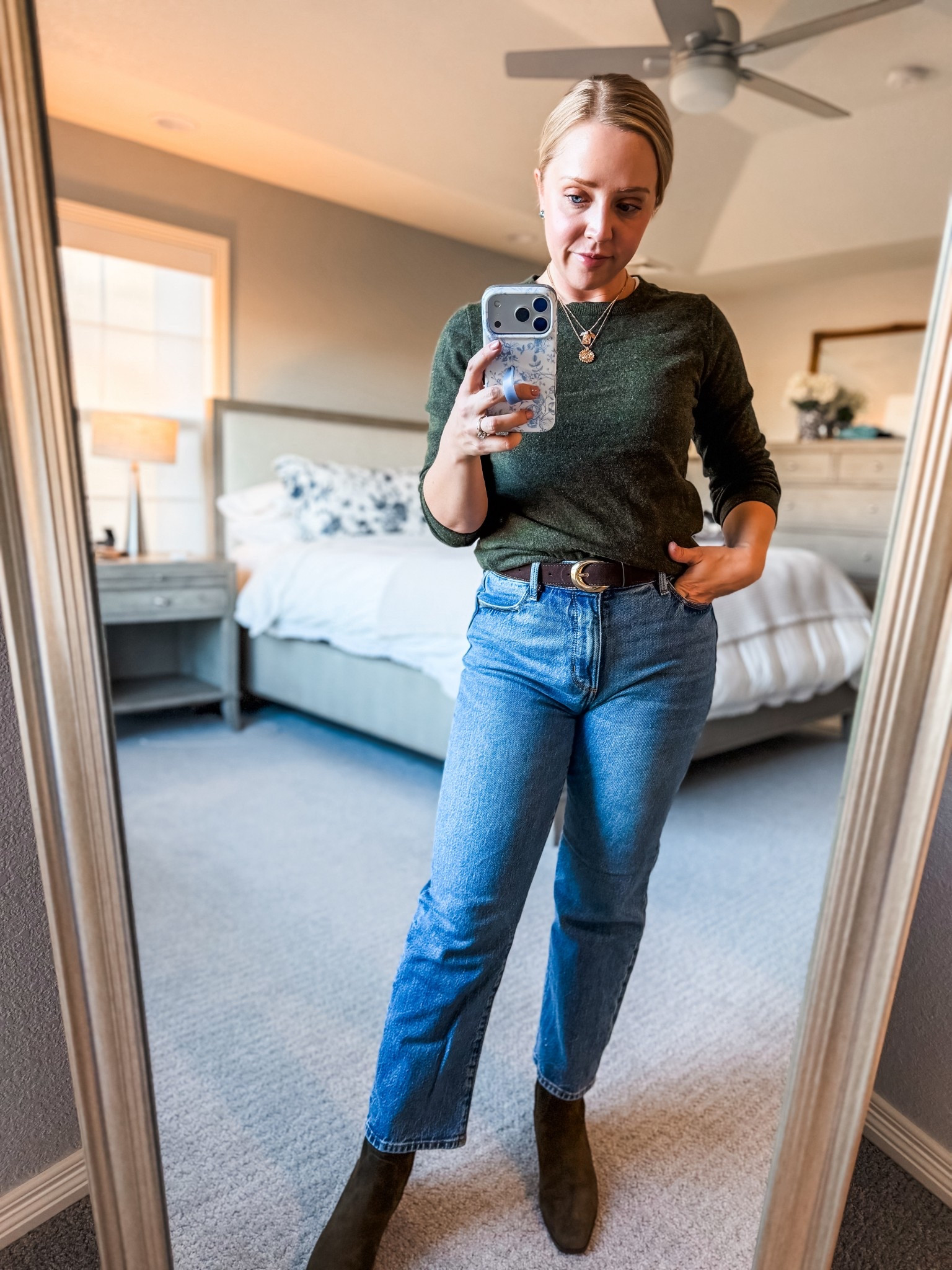 Mom on the go fit featuring these suede boots in olive green and a similar colored crew neck sweater. Similar jeans linked. Boots are comfortable, fit true to size, and I love the dark green color! 
Mom outfit, winter outfit, petite, boots, straight jeans, 

#LTKmomlife #LTKSaleAlert #LTKPetite