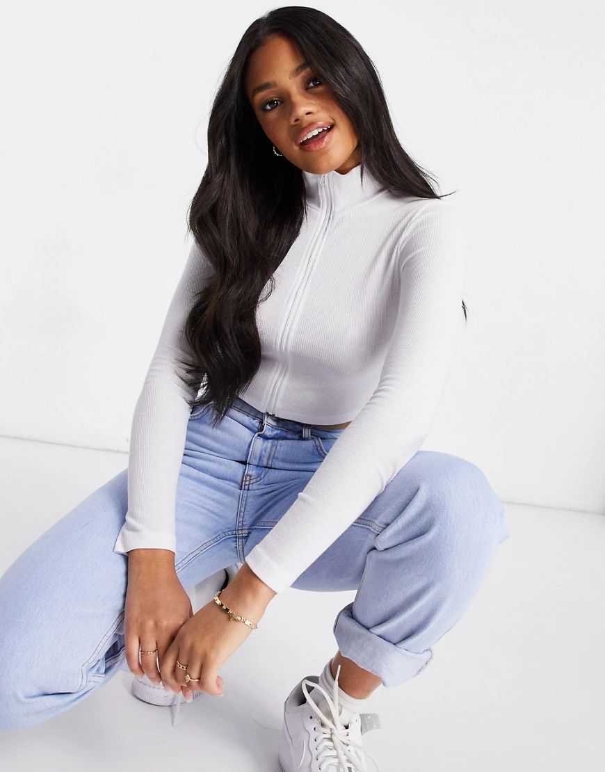 The Kript zip front long sleeve fitted crop top-White | ASOS (Global)