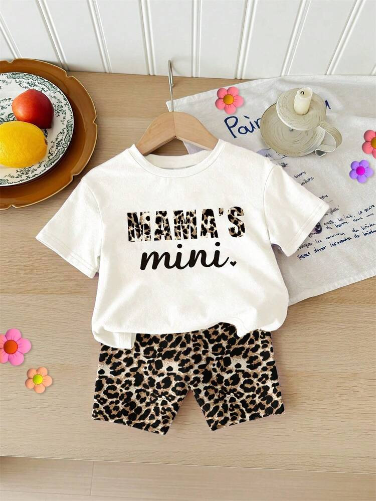 Baby Girl Letter Print Short Sleeve T-Shirt And Leopard Print Shorts Casual Outfit | SHEIN