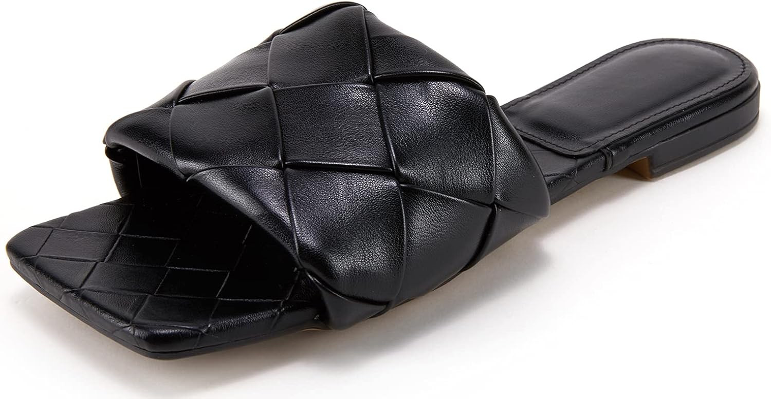 Women's Square Open Toe Woven Leather Single Band Comfort Slides Slid on Flat Sandals | Amazon (US)