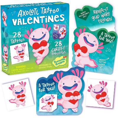 Peaceable Kingdom Axolotl Tattoo Valentine Set – 28 Cards, 28 Envelopes & 28 Tattoos – Cute Classroom Valentines with Tattoo Gifts – Ages 4+ | Target