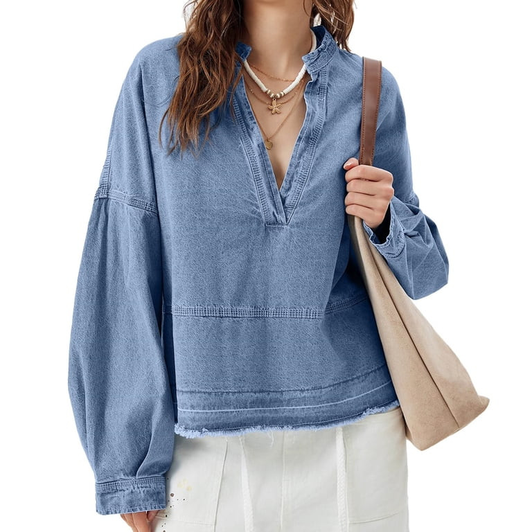 Loose Solid Women Long Sleeve Oversize V-neck Denim Blouse Tops | Walmart (US)