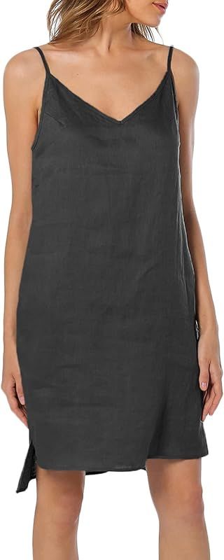 Amazhyu 100% Linen V Neck Spaghetti Strap Sleeveless Summer Dresses with Slit | Amazon (US)