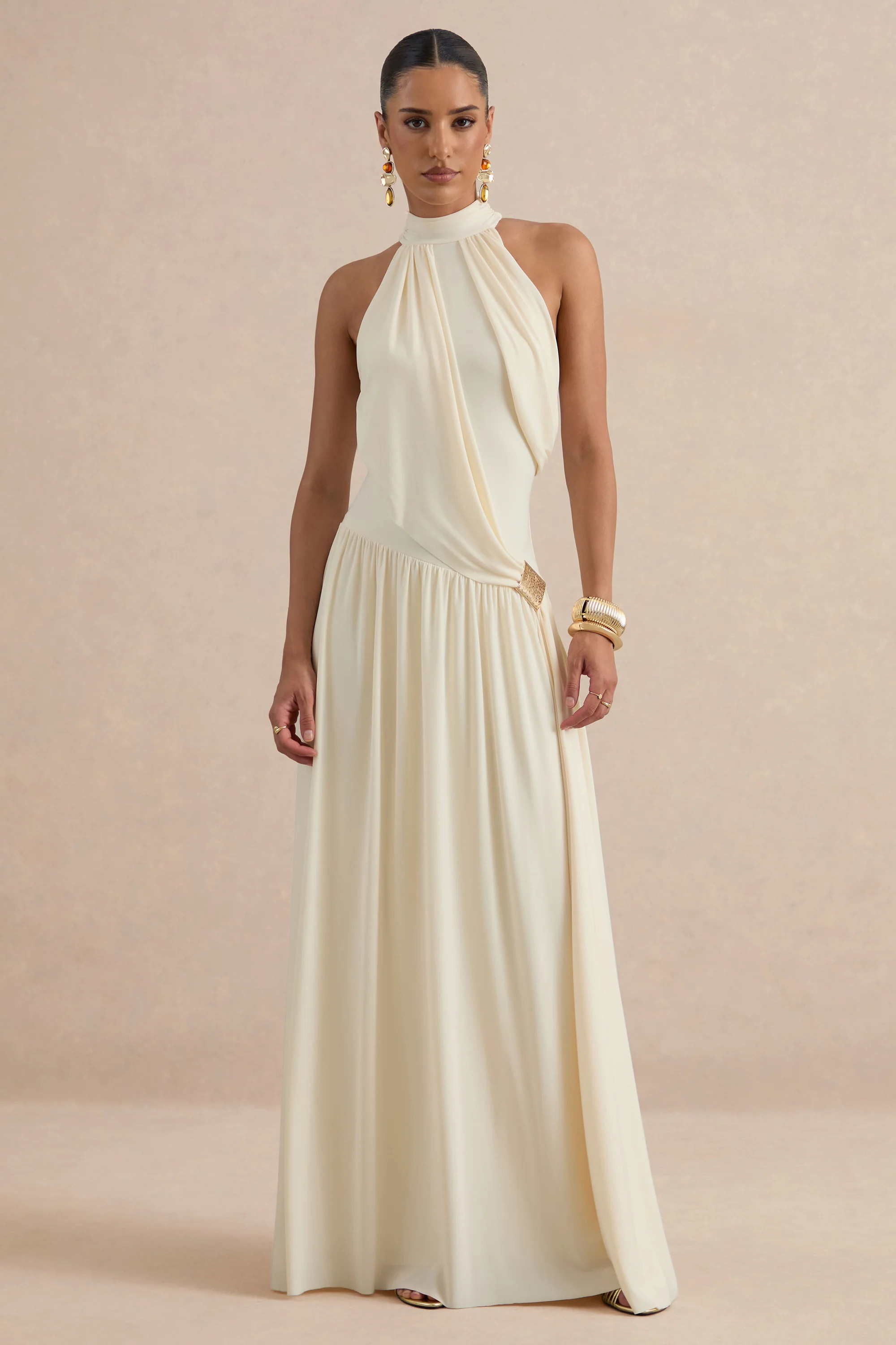 Sibel | Cream Jersey Ruched High Neck Maxi Dress With Draped Detailing | Club L London
